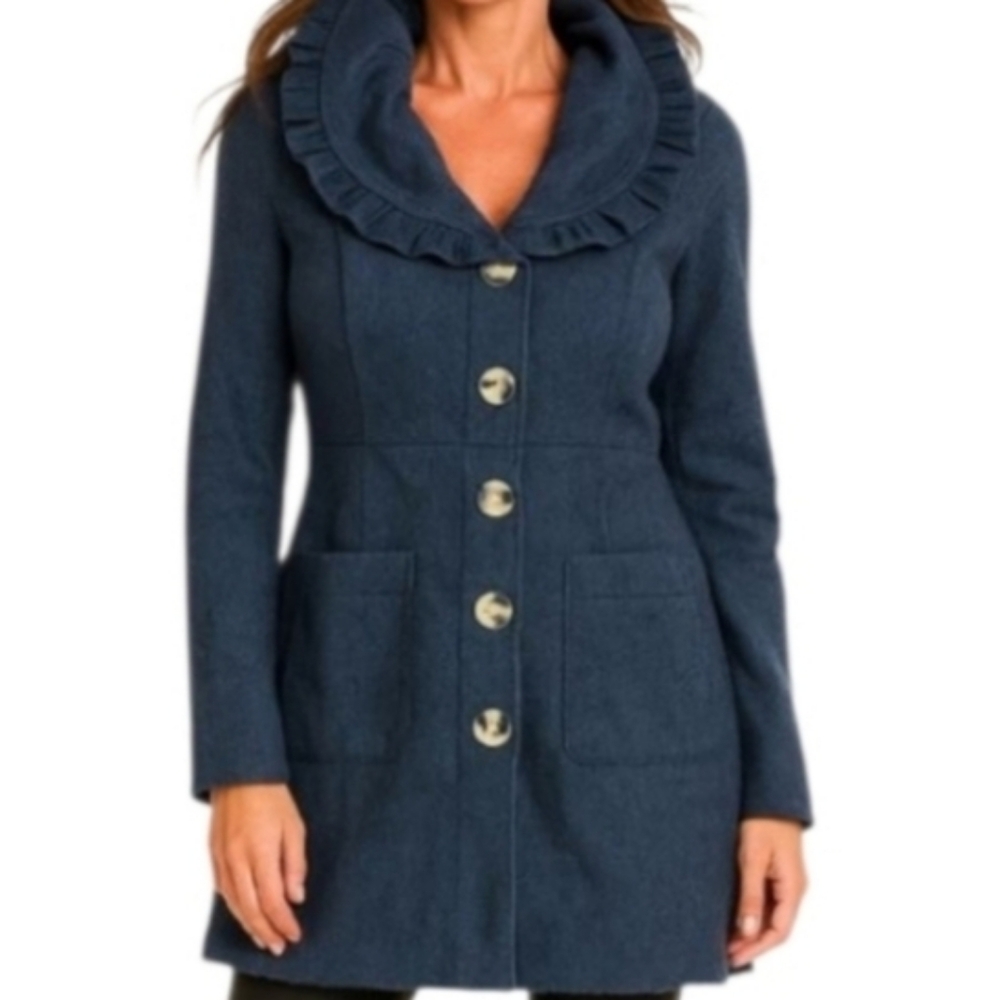 LUII Gray Wool 100% Ruffle Statement Neck Over Coat Medium Wool 100%